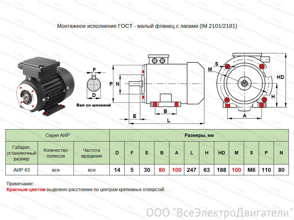 Электродвигатель ЭЛМАШ АИР 63 А2 IM2181 AL, M (d20) 100 мм (0,37 кВт 3000 об/мин)2011065
