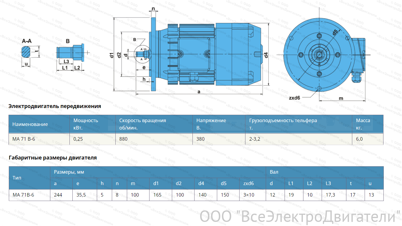 Электродвигатель MA71B-6 (0,25 кВт, 880 об/мин), без тормоза1857283